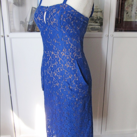 NWT Express Blue and Tan Lace strap Sheath Dress - Picture 5 of 8